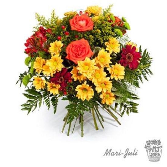 Imagen de Ref.FMJ0005.Ramo de Flores formal redondo realizado con flores amarillas y naranjas.