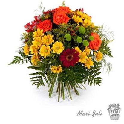 Ref.FMJ0006.Ramo de Flores formal redondo realizado con flores amarillas y naranjas.
