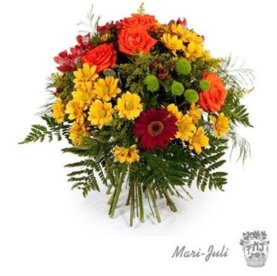 Imagen de Ref.FMJ0006.Ramo de Flores formal redondo realizado con flores amarillas y naranjas.